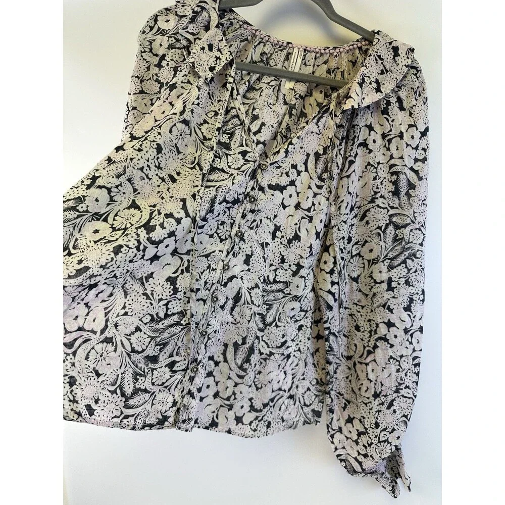 Anthropologie Floral Ruffle Peasant Top Long Puff Sleeves Button Cotton Large